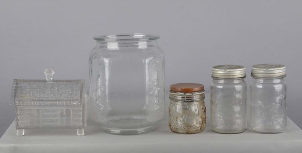 LOT OF 5: EMBOSSED CLEAR JARS WITH BRAND MARKINGS 