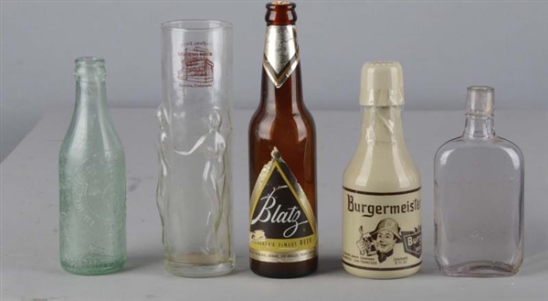 LOT OF 5: VARIOUS BOTTLES AND CUPS FOR DRINKS     