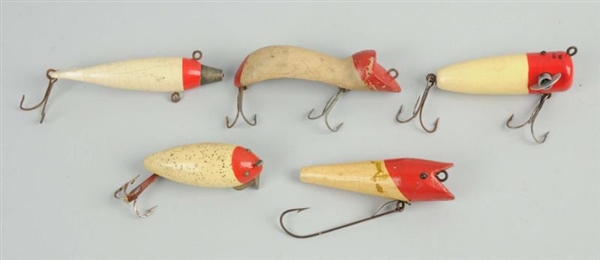 LOT OF 5: RED AND WHITE BAITS.                    