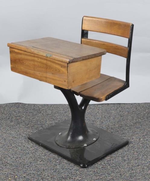 EARLY WOOD AND METAL CHILDS SCHOOL DESK AND CHAIR