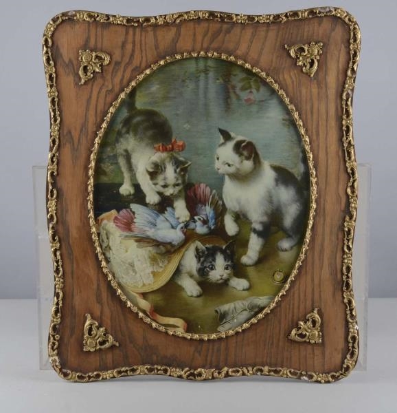 THREE KITTENS LITHOGRAPH IN ORNATE FRAME          