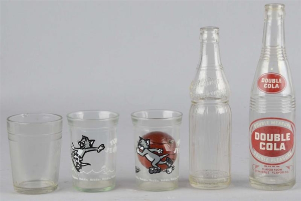 LOT OF 5: SODA BOTTLES AND JELLY JARS             
