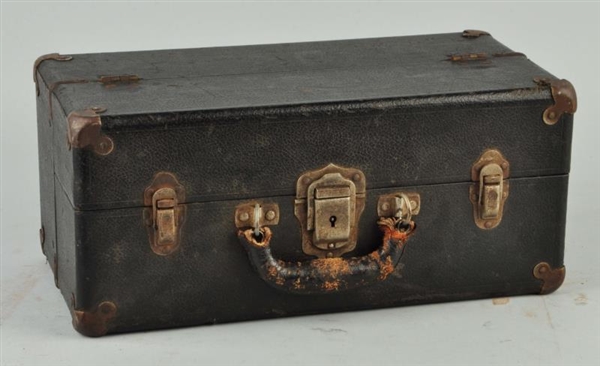 VINTAGE BLACK TACKLE BOX WITH BAITS.              