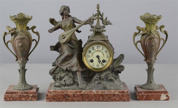 LOT OF 3:FRENCH ART NOUVEAU CLOCK AND CANDLESTICKS