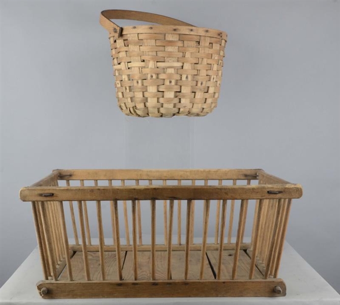 LOT OF 2; LARGE FRUIT CRATE AND GATHERING BASKET  
