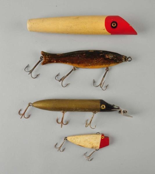 LOT OF 4:  WOODEN BAITS.                          
