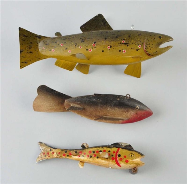 LOT OF 3: WOODEN FISH DECOYS.                     