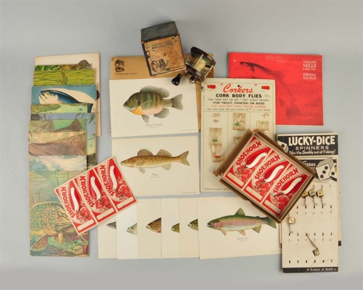 LARGE LOT OF FISHING CATALOGS, PICTURES AND HOOKS 