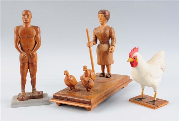 LOT OF 3:HAND CARVED WOODEN FIGURES.              