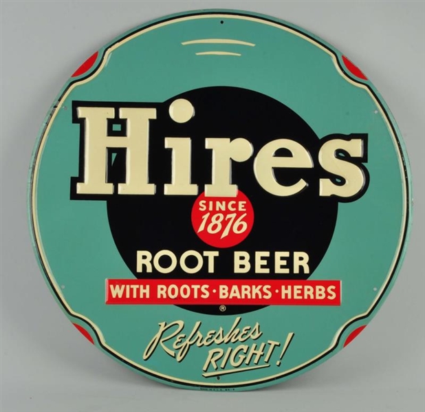 1950S HIRES ROOT BEER EMBOSSED TIN SIGN.        