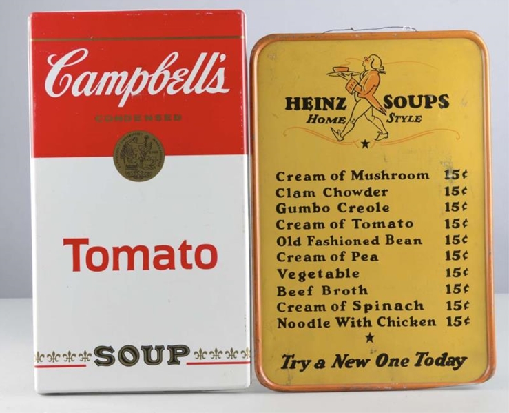 LOT OF 2: SINGLE SIDED TIN SOUP ADVERTISING SIGNS 