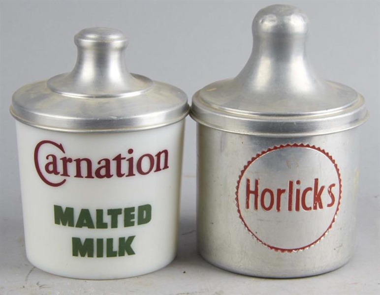 LOT OF 2: EARLY COUNTERTOP MALT CONTAINERS        