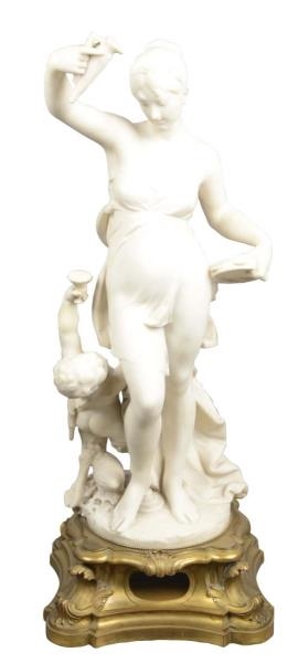 ALABASTER SCULPTURE OF FEMALE AND YOUNG FAUN      