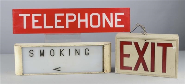 LOT OF 3 BACK-LIT SIGNS; TELEPHONE, SMOKING, EXIT 