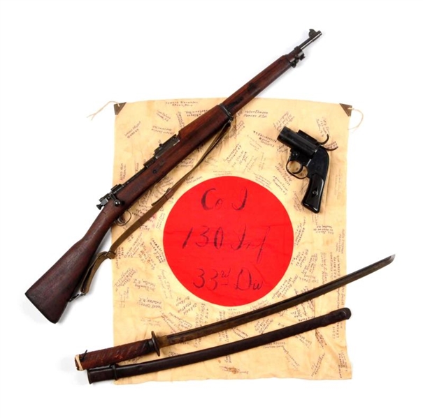 INTERESTING LOT OF 4: WWII ITEMS: SWORD & RIFLE.  