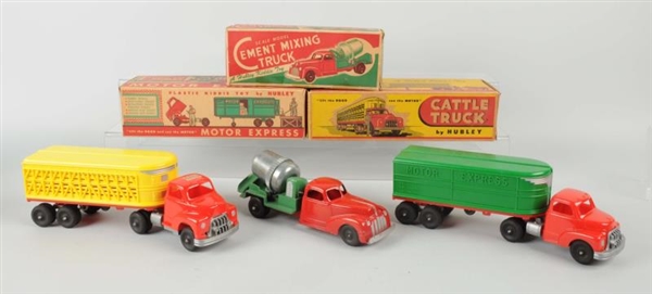 LOT OF 3: PLASTIC HUBLEY TRUCKS WITH BOXES.       