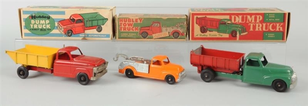 LOT OF 3: HUBLEY METAL TRUCKS WITH BOXES.         