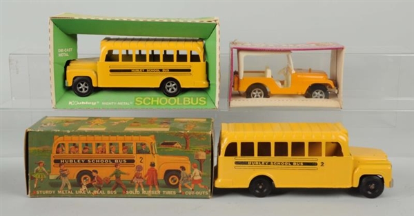 LOT OF 3: HUBLEY TOYS SCHOOL BUSES & JEEP.        
