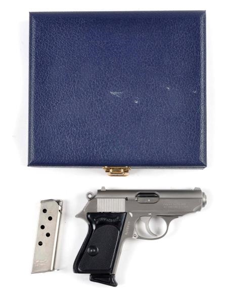 **CASED STAINLESS WALTHER MODEL PPK PISTOL.       
