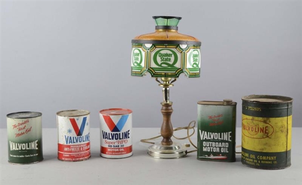 LOT OF 6: VINTAGE OIL CANS & QUAKER STATE LAMP    