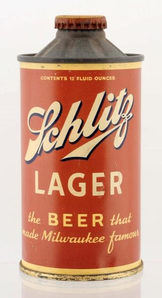 SCHLITZ LAGER CONE TOP IRTP BEER CAN.             