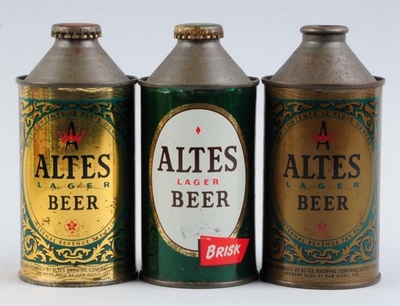 LOT OF 3: ALTES BEER CONE TOP CANS.               