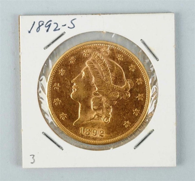 1892 S $20 GOLD LIBERTY DOUBLE EAGLE.             