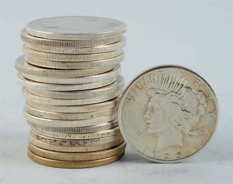 LOT OF 20: ROLL OF 1925 PEACE SILVER DOLLARS.     