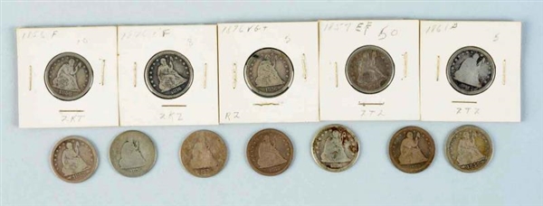 LOT OF 12: 1800S SEATED LIBERTY QUARTER DOLLARS.  