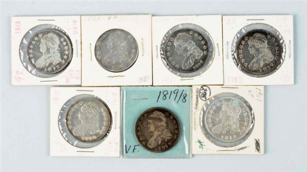 LOT OF 7: EARLY 1800S CAPPED BUST HALF DOLLARS.   