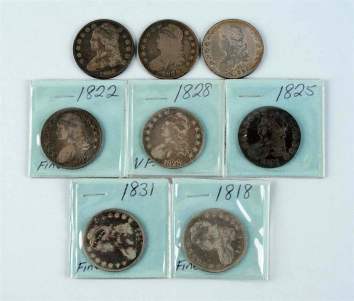 LOT OF 8: EARLY 1800S CAPPED BUST HALF DOLLARS.   