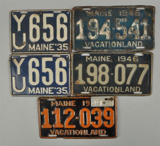 LOT OF 5: MAINE LICENSE PLATES FROM 1935-1946.    
