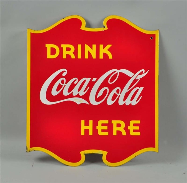DRINK COCA-COLA HERE PORCELAIN FLANGE SIGN.       