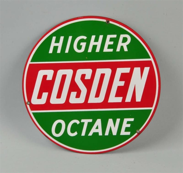 COSDEN HIGHER OCTANCE SINGLE SIDED PORCELAIN SIGN.