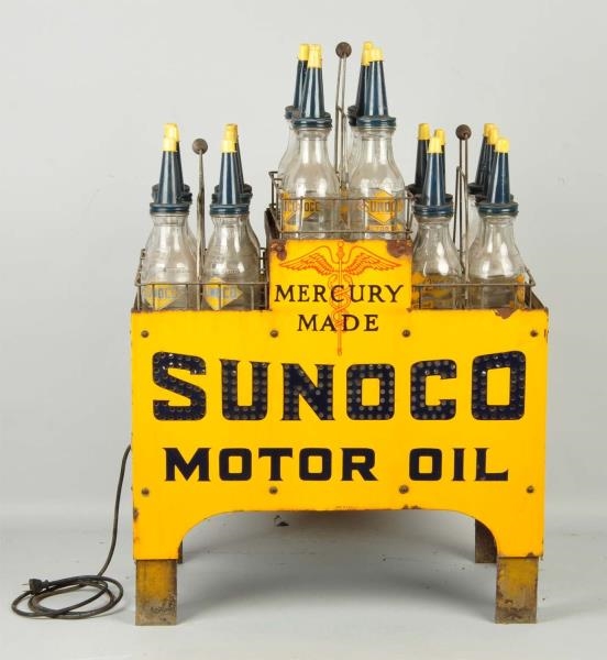 RARE SUNOCO MOTOR OIL 18-BOTTLE LIGHTED RACK.     