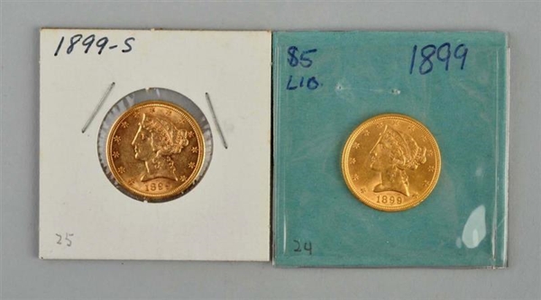 LOT OF 2: $5 GOLD LIBERTY HALF EAGLE COINS.       