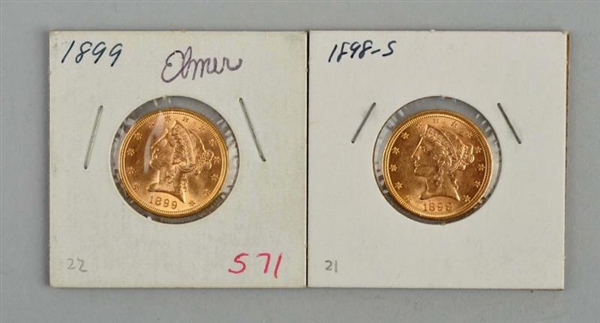 LOT OF 2: $5 GOLD LIBERTY EAGLE COINS.            