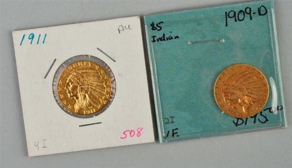 LOT OF 2: $5 GOLD INDIAN COINS.                   