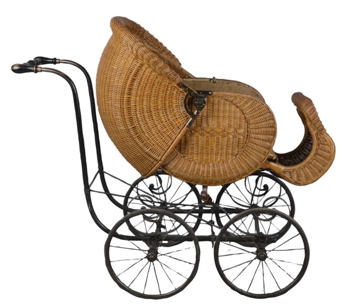 WICKER BABY CARRIAGE STROLLER WITH MOVABLE HOOD   