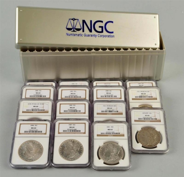 LOT OF 15: MORGAN SILVER DOLLARS IN CASES.        
