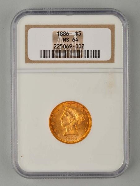 1886 LIBERTY GOLD COIN IN CASE.                   