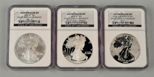 LOT OF 3: SILVER DOLLAR ANNIVERSARY COIN SET.     