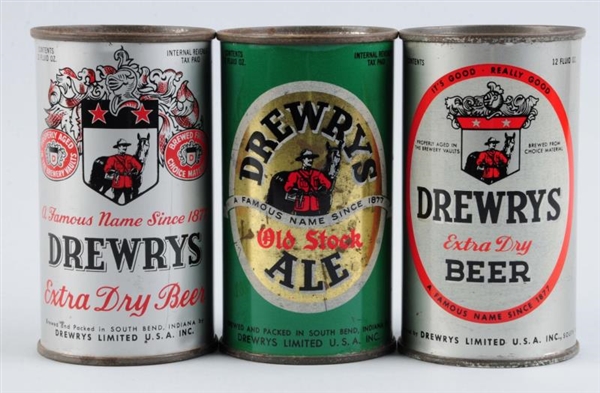 LOT OF 3: DREWRYS BEER FLAT TOP CANS.            