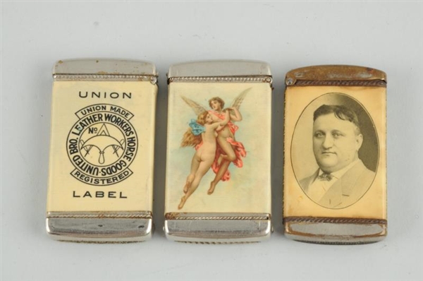 LOT OF 3: ADVERTISING CELLULOID MATCH SAFES.      