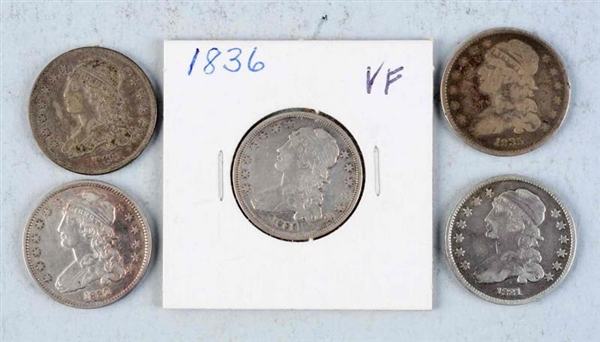 LOT OF 5: CAPPED BUST QUARTERS.                   