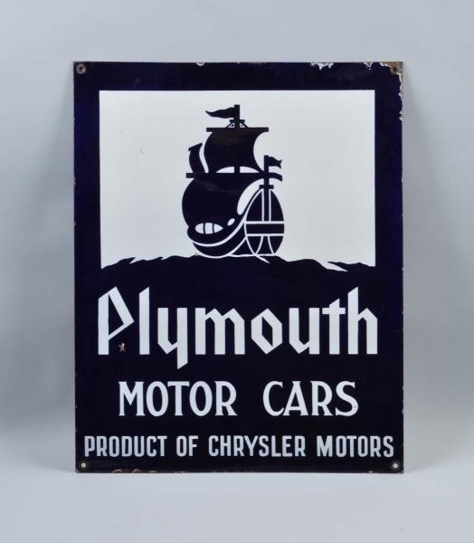 PLYMOUTH MOTOR CARS WITH SHIP LOGO SIGN.          