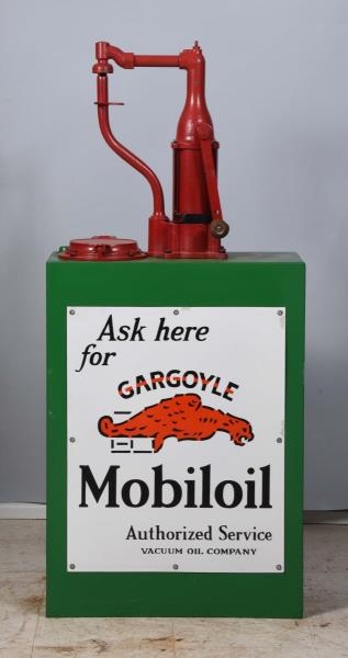 40 GALLON OIL LUBSTER WITH MOBIL OIL SIGN.        