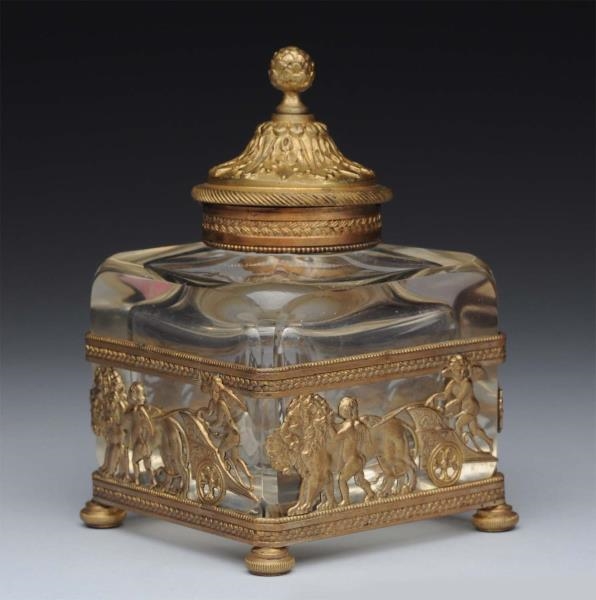 FRENCH EMPIRE BRONZE AND PRESSED GLASS INKWELL.   