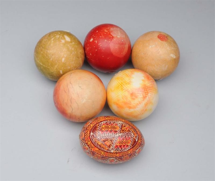 LOT OF 6: ANTIQUE IVORY BALLS & PAINTED EGG.      
