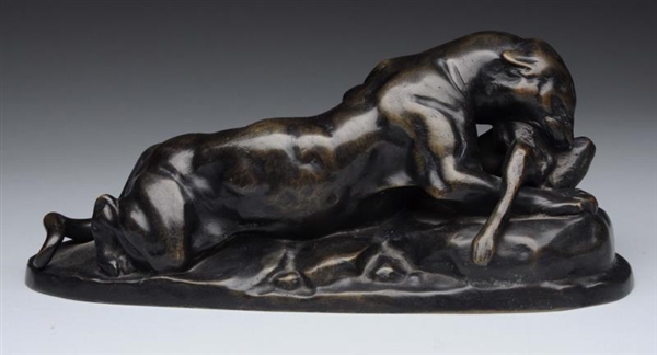 FRENCH BRONZE PANTHER WITH HARE BY BARYE.         